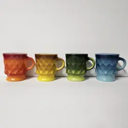 VINTAGE ANCHOR HOCKING KIMBERLY DIAMOND MUGS SET OF 4 ORANGE YELLOW GREEN BLUE
