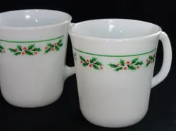 2 VINTAGE CORNING PYREX HOLLY & BERRY HOLIDAY CHRISTMAS COFFEE MUGS
