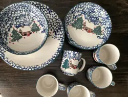 24 PIECE VINTAGE TIENSHAN FOLKCRAFT CABIN IN THE SNOW HOLIDAY SPONGEWARE SET