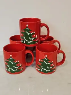 VTG WAECHTERSBACH RED CHRISTMAS TREE WEST GERMANY SET OF 5 COFFEE TEA MUGS CUPS