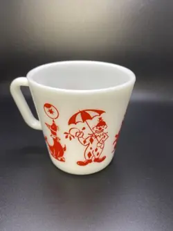 VINTAGE PYREX CLOWN CIRCUS RED PRINT MILK WHITE COFFEE TEA MUG