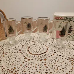 VINTAGE SET OF 4 SPODE CHRISTMAS TREE GLASS IRISH COFFEE MUGS CUPS HANDLE NEW!