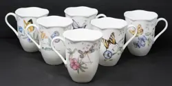 VINTAGE SET OF 6 LENOX CHINA BUTTERFLY MEADOW MUGS COFFEE CUP ALL DIFFERENT 12OZ