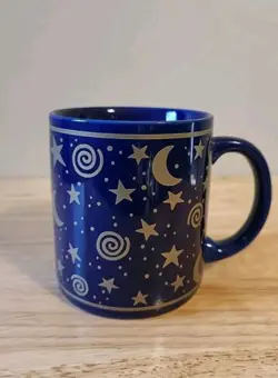 VINTAGE 90S BLUE CELESTIAL MOON STARS AND SWIRLS CERAMIC COFFEE MUG 10OZ