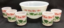 HAZEL ATLAS TOM AND JERRY PUNCH BOWL SET EGG NOG 5 MUGS MILK GLASS