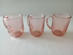 SET OF 3 VINTAGE ARCOROC FRANCE ROSALINE PINK GLASS ROSE FLORAL COFFEE CUPS MUGS