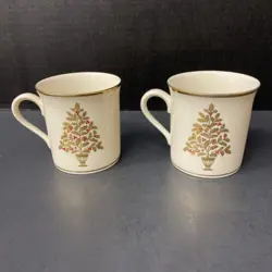 LENOX ETERNAL CHRISTMAS TREE MUGS GOLD TRIM VINTAGE SET OF 2
