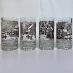 VINTAGE SET OF 4 CURRIER & IVES HOMESTEAD WINTER COUNTRY  GLASSES BEER MUGS