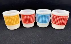 LOT OF 4 VINTAGE FIRE KING STACKABLE MUGS W/ GINGHAM PLAID - BLUE YELLOW RED