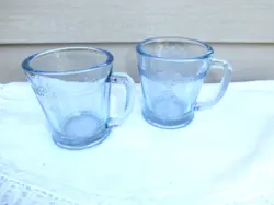 2 VINTAGE FIRE KING SAPPHIRE BLUE PHILBE D HANDLE MUGS