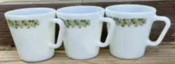 LOT 3 VINTAGE PYREX #1410 CRAZY DAISY MUGS GREEN FLORAL MILK GLASS COFFEE CUPS