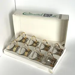 VINTAGE MCM LIBBEY GOLD GREEK KEY CONTINENTAL GLASS COFFEE CUPS MUGS SET OF 8