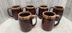 6 VINTAGE HULL USA OVEN PROOF STONEWARE POTTERY BROWN DRIP GLAZE COFFEE MUG CUPS
