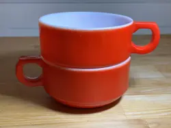 VINTAGE FIRE KING D HANDLE RED STACKABLE SOUP BOWL MILK GLASS (SET OF 2)