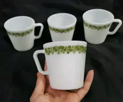 4 VTG PYREX CORELLE MUGS CUPS SPRING BLOSSOM CRAZY DAISY MILK GLASS GREEN EXC!