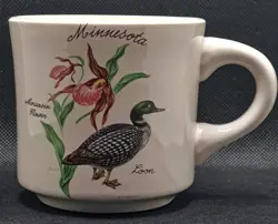 VINTAGE MINNESOTA STATE BIRD LOON MOCCASIN FLOWER CERAMIC COFFEE MUG MADE IN USA