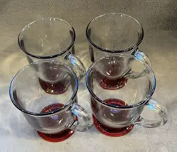 4 VTG ANCHOR HOCKING RED FOOTED BASE CLEAR GLASS HEAVY COFFEE MUG HOLIDAYS 5”