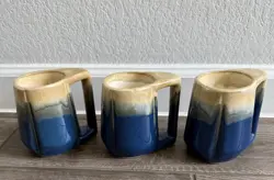 VTG RODOLFO PADILLA SIGNED DRIP GLAZE STONEWARE COFFEE MUGS SET OF 3 BLUE