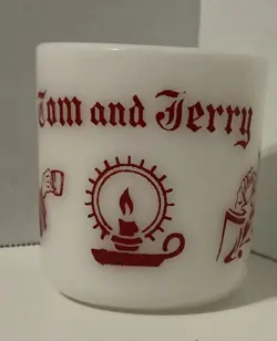 HAZEL ATLAS TOM & JERRY WHITE MILK GLASS CHRISTMAS EGG NOG MUG CUP VINTAGE