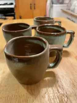 VINTAGE FRANKOMA POTTERY 5C PRAIRIE GREEN PLAINSMAN COFFEE MUG SET OF 4 RARE