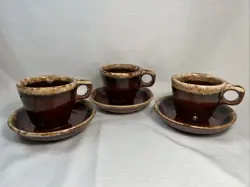 SET OF (3) VINTAGE HULL POTTERY OVEN PROOF BROWN DRIP COFFEE MUGS & SAUCERS