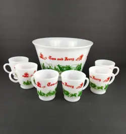 VTG 1950S HAZEL ATLAS GLASS CHRISTMAS TOM & JERRY EGGNOG SET BOWL 6 CUPS MUGS