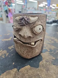 VINTAGE UGLY SILLY 3D FACE MUG CUP STONEWARE POTTERY FOLK ART HANDMADE 