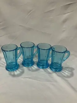 VINTAGE 4 AQUA BLUE GLASS MUGS 4 5/8