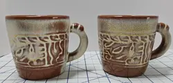 SET OF 2 VINTAGE FRANKOMA POTTERY COFFEE MUGS 7C MAYAN AZTEC DESERT GOLD  CUPS