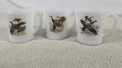 FIRE KING MILK GLASS COFFEE CUP MUG GAME BIRDS OVEN WARE VINTAGE SET OF 3