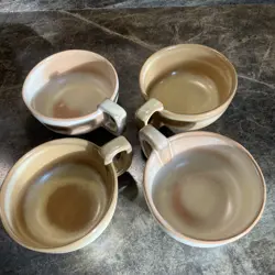 FRANKOMA POTTERY SOUP MUGS BOWLS SQUARE HANDLES DESERT GOLD 4SC VINTAGE SET OF 4
