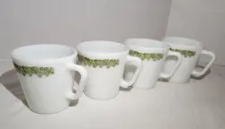 SET OF 4 VINTAGE 1970'S CRAZY DAISY SPRING BLOSSOM PYREX MUGS 1410 MILK GLASS