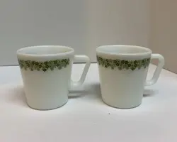 2 VINTAGE PYREX CRAZY DAISY SPRING BLOSSOM MILK GLASS MUGS COFFEE CUPS