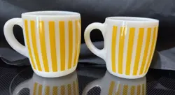 2 VINTAGE HAZEL ATLAS YELLOW CANDY STRIPE  GLASS COFFEE MUG 3.5” EXCELLENT!