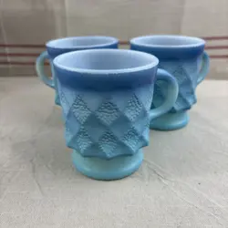 3 VINTAGE ANCHOR HOCKING FIRE KING BLUE COFFEE CUP MUG KIMBERLY DIAMOND PATTERN