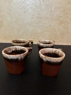 LOT OF 4 VINTAGE HULL BROWN DRIP GLAZE O HANDLE COFFEE MUG CUP OVEN PROOF USA 