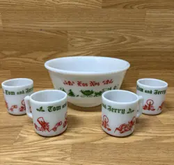 HAZEL ATLAS TOM AND JERRY PUNCH BOWL SET EGG NOG 4 MUGS MILK GLASS