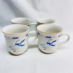 VTG FOUR (4) STONEWARE MUGS NEWCOR COUNTRYSIDE GEESE THAILAND MARKED 4