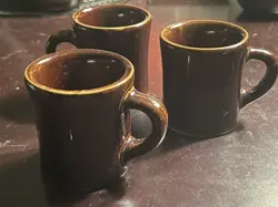 3  VINTAGE  VICTOR INSULATOR  COFFEE CUPS MUGS  RESTAURANT WARE CHINA - BROWN