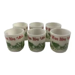 VTG HAZEL ATLAS EGG NOG MUGS CUPS MILK GLASS GREEN RED CHRISTMAS VICTORIAN SCENE