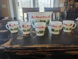 VINTAGE HAZEL ATLAS TOM & JERRY MILK GLASS PUNCH BOWL & SET WITH 5 MUGS