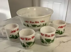 VINTAGE HAZEL ATLAS EGG NOG 5-PC SET MILK GLASS CARRIAGE PUNCH BOWL + 4 MUGS