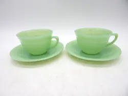 VINTAGE SET OF 2 FIRE KING JADEITE JANE RAY CUPS & SAUCERS JADE-ITE