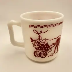 VINTAGE MCM HAZEL ATLAS CIRCUS CLOWNS, DONKEY CHILDREN'S CUP 1950'S MILK GLASS 