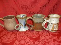 VINTAGE ART POTTERY CUPS MUGS STONEWARE SET OF 4 (3 SIGNED)