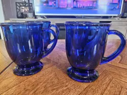 VTG SET OF 4 COBALT BLUE GLASS 16OZ ANCHOR HOCKING COFFEE LATTE TEA MUG CUP