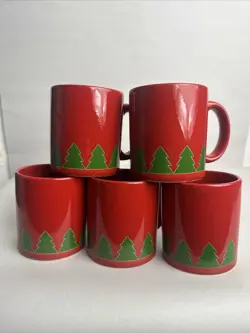 VINTAGE WAECHTERSBACH  RED  CHRISTMAS TREE COFFEE/TEA MUG  WEST GERMANY SET OF 5