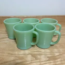 FIRE KING JADEITE MUGS D HANDLE COFFEE CUPS SET OF 5 FLAT BOTTOM VINTAGE GREEN