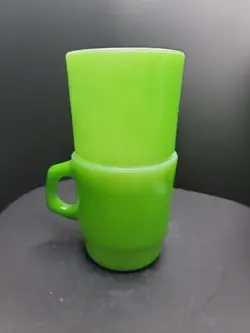 VTG PAIR ANCHOR HOCKING FIRE KING GREEN  STACKABLE COFFEE MUGS