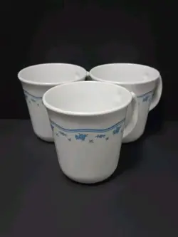 VINTAGE CORNING / CORELLE ''MORNING BLUE'' 3 COFFEE CUPS WHITE/BLUE FLOWERS USA